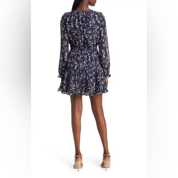 Lulu's Navy Blue Floral Chiffon Smocked Ruffle Too Cute Long Sleeve Mini Dress - Picture 4 of 16
